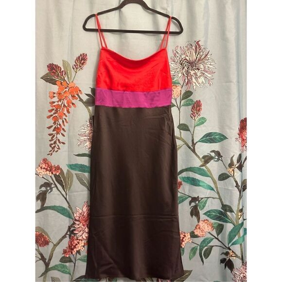 Express - Satin Color Block Tier Cowl Neck Midi Slip Dress - Small/ Red/Purple/B - Picture 6 of 16
